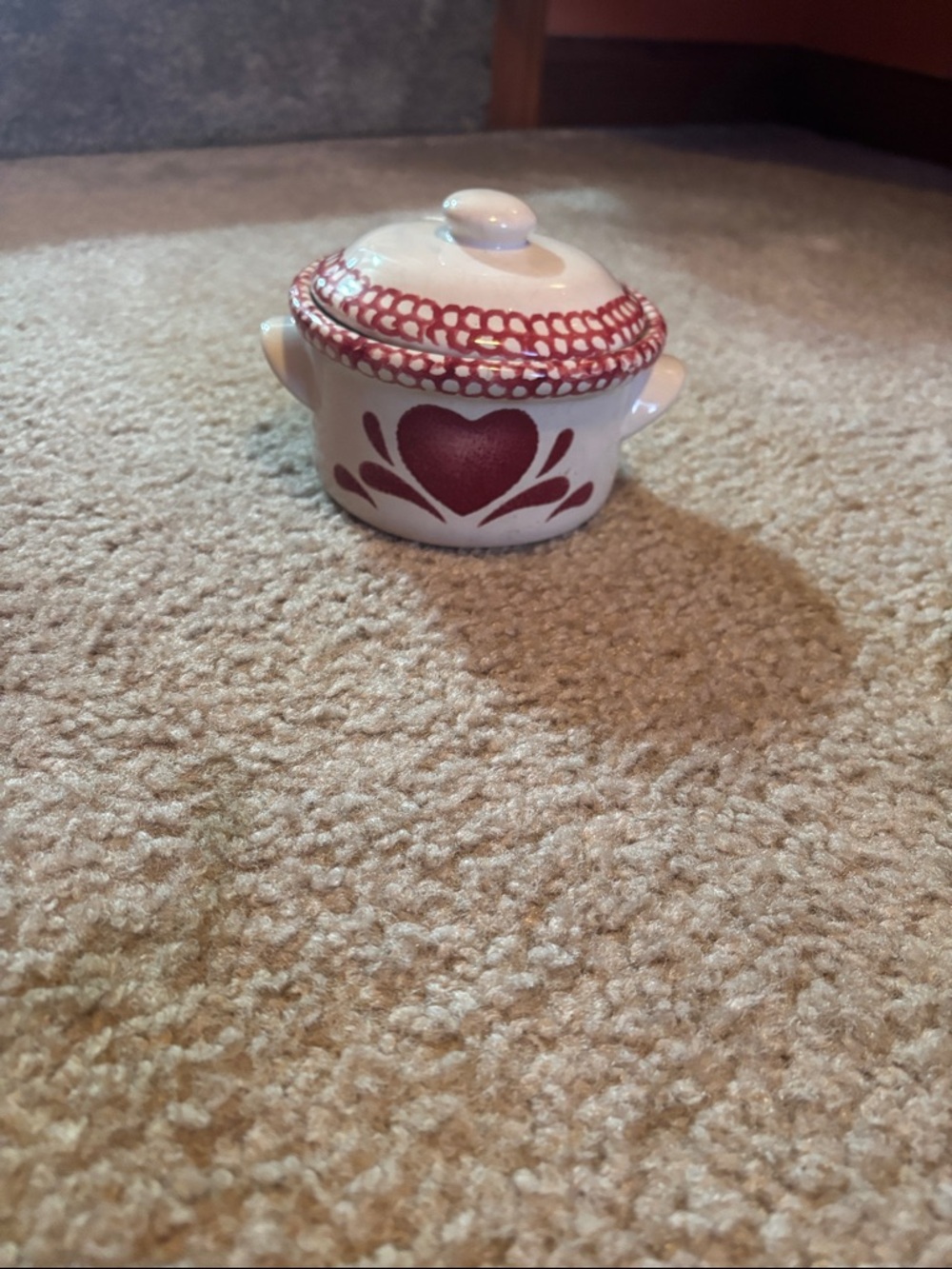 White Ceramic Mini Covered Dish with Red Heart Design